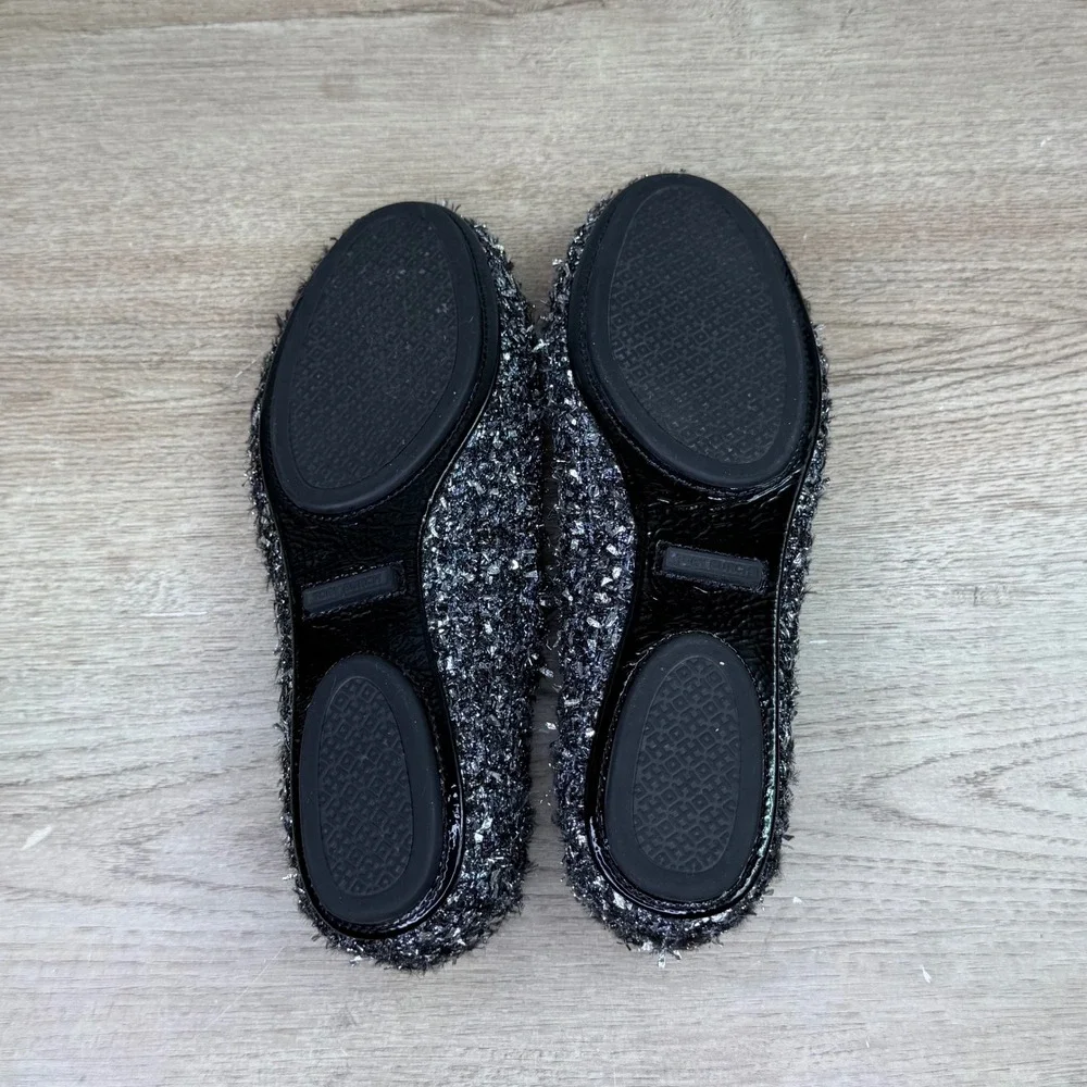 Tory Burch Minnie Travel Ballet Flats Black Silver Metallic Tweed 6M